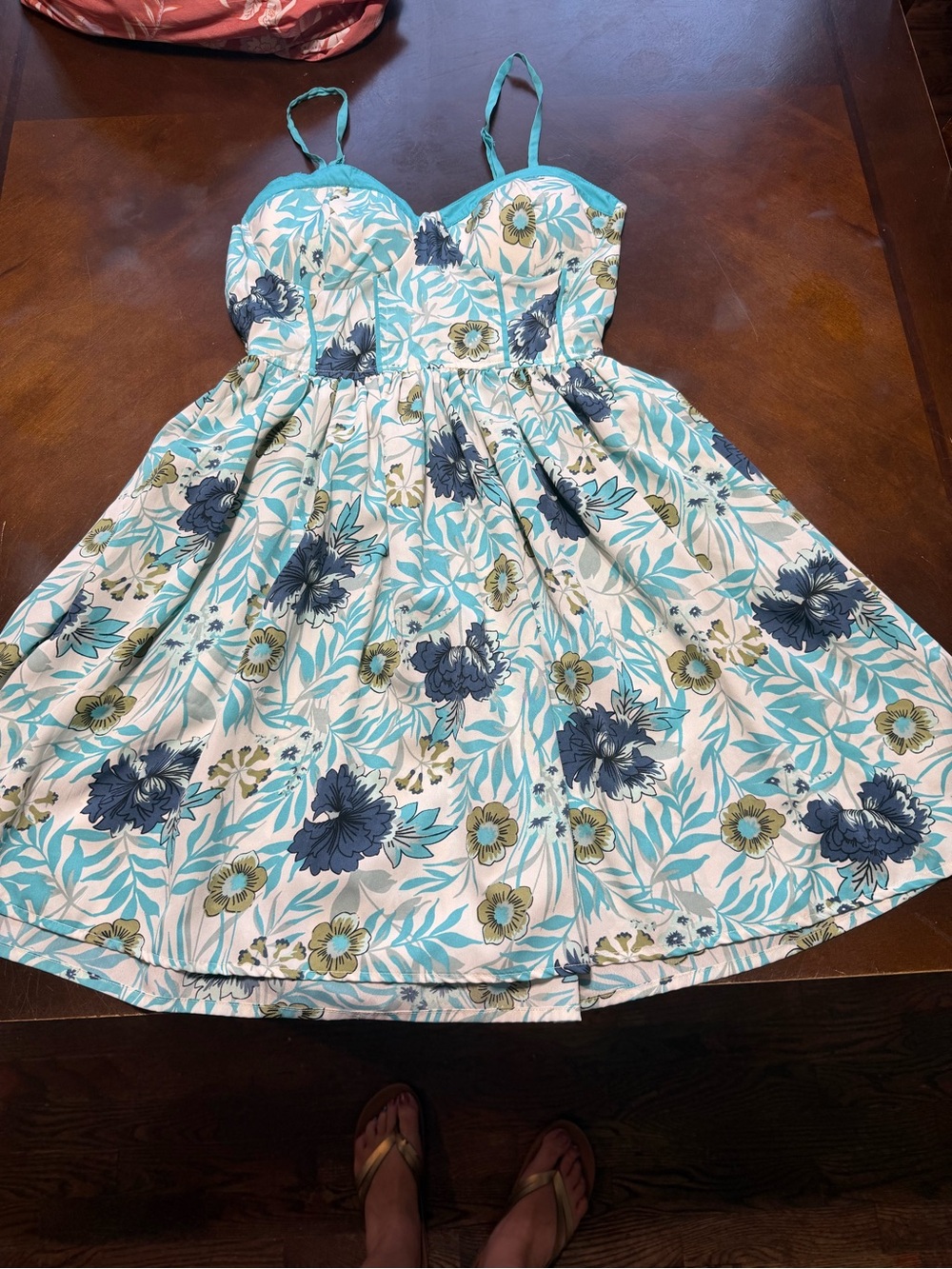 Floral Spaghetti-Strap Mini Dress in Aqua and Navy
